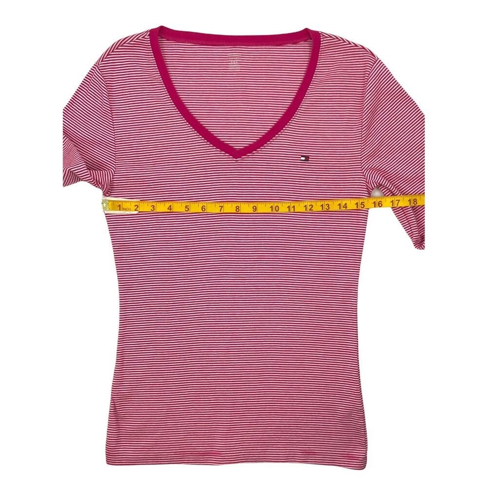 Tommy Hilfiger Top Womens Medium Pink White Striped Long Sleeve V-Neck Tee - Picture 5 of 6